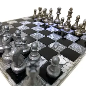 Resin Gold & Silver Chess Set with silver, White & Gold marble design board, Includes Chess Pieces and Chessboard