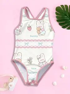 Girls' one-piece swimsuit, Swimwear Bathing Suit, Cute Bunny & Strawberry Style, spaghetti strap one-piece swimwear, skin-friendly, quick-drying and non-stuffy, suitable for seaside fun, swimming pool lessons and summer vacation outfits