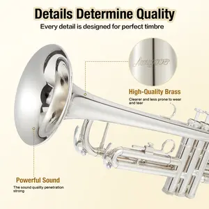 B Flat Trumpet Standard - Nickel Plated Finish, Brass Trumpet with Mouthpiece, Case, Cleaning Cloth, Gloves and Cleaning Rod, Professional Musical Instruments for Students Beginners