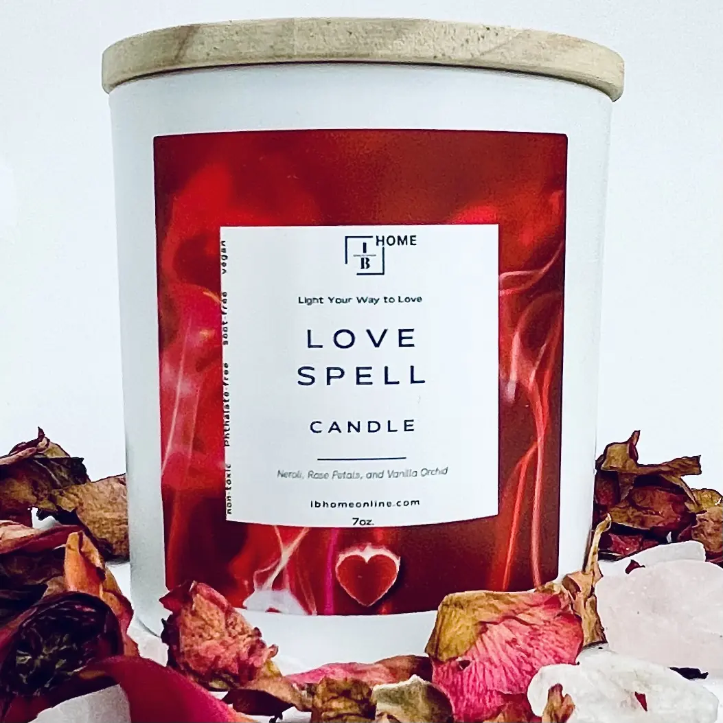 Love Spell Candle 7oz - Vegan & Cruelty-Free with Rose Quartz Crystals, Neroli, Rose Petals & Dried Rose Petals for Romance and Self-Love - Decor