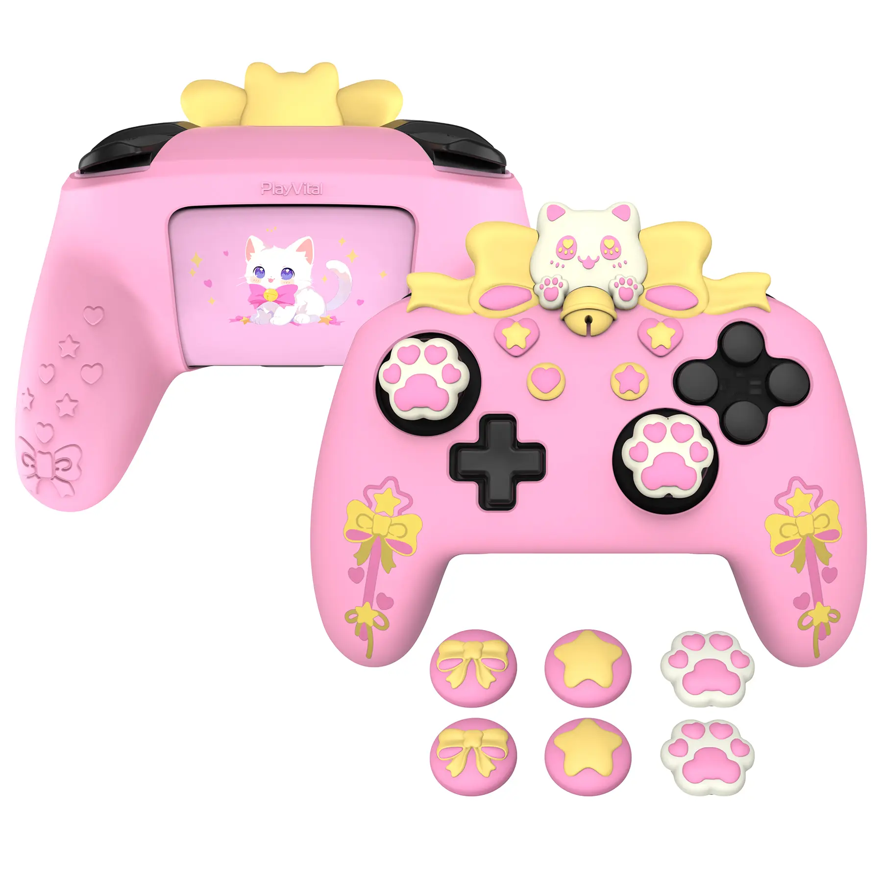 PlayVital Pink Silicone Cover for Nintendo Switch Pro Controller, Kawaii Joystick Grips & Protective Silicone Case - Sweetheart Kitty