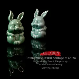 1pc Tea Pet Longquan Celadon Rabbit Collectible Figurine, Cute Ceramic Teapot Accessory, World Heritage Creative Home Decor Gift, Cute Collectible Figurines