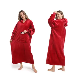 REDESS Flannel Lambswool Lined Hooded Robe Long Warm Home Robe with Pockets Suitable for Home and Outdoors Unisex Housecoat Nightwear Loungewear