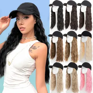 16" Adjustable Baseball Cap with Hair Extensions Long Wavy Curly Wigs Baseball Hat Synthetic Full Head Wig For Woman