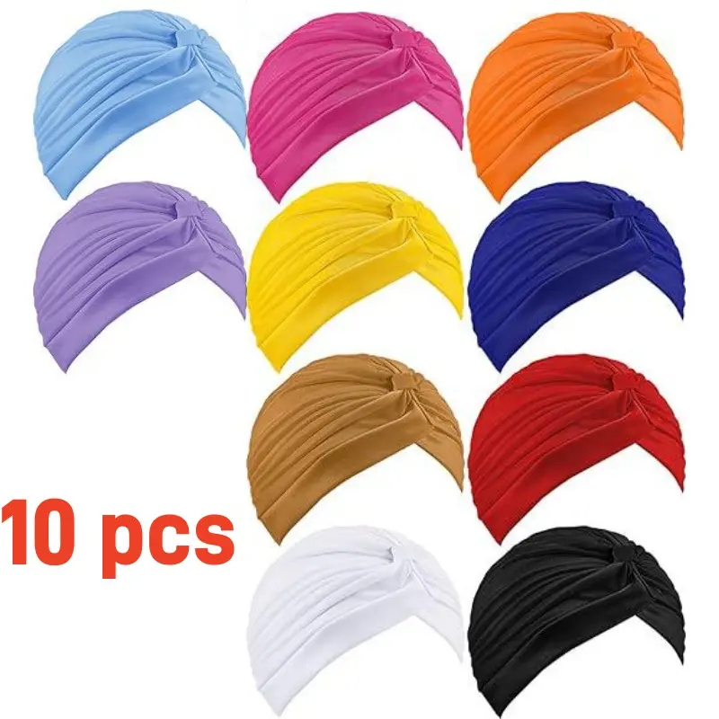 Women's Stretch Turban Chemo Hair Bonnet (10 Pcs) - Black Polyester, 11.02in x 7.08in Twisted, Breathable, Soft, Lightweight, No Closure, 1 Size Fits Most Female Cancer Headwear for Daily Wear, All Seasons, Women's Fashion (Textiles & Soft Furnishings)