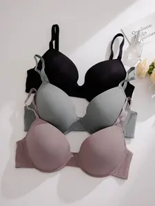 Women's Simple Solid Color Bra Set, Adjustable Straps, Medium Support, Casual Style, Comfortable Daily Wear, 3 Piece
