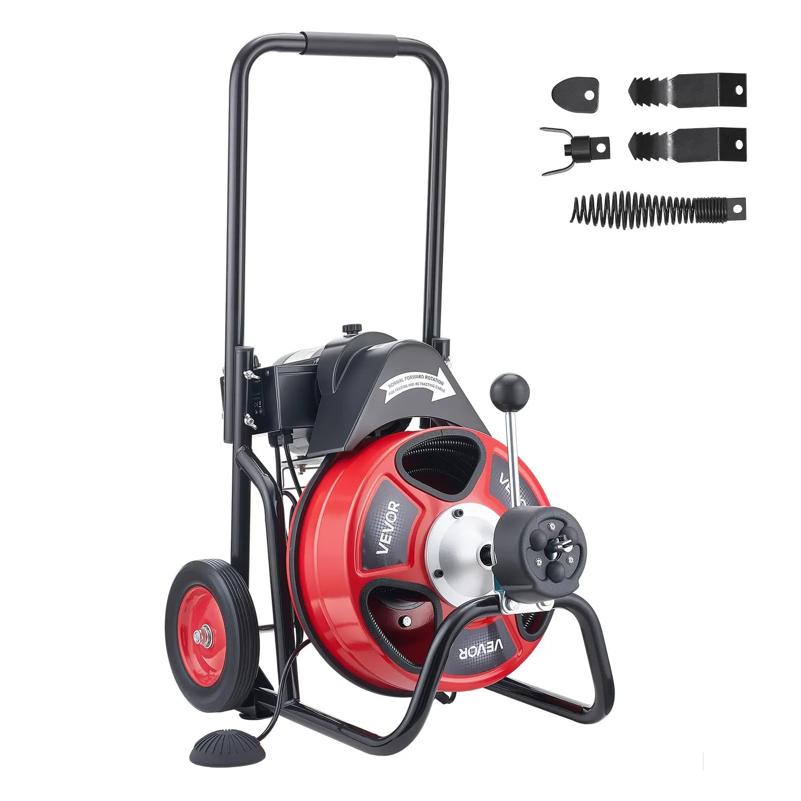 【Summerfinds】VEVOR Drain Cleaner Machine 100 FT x 1/2 Inch,Auto Feed Sewer Snake Auger on WheelsPortable Drain Cleaning Machine with 4 Cutters & Air-activated Foot Switch for 2" to 6" Pipes, Pipe Unclogging, Steel Cable