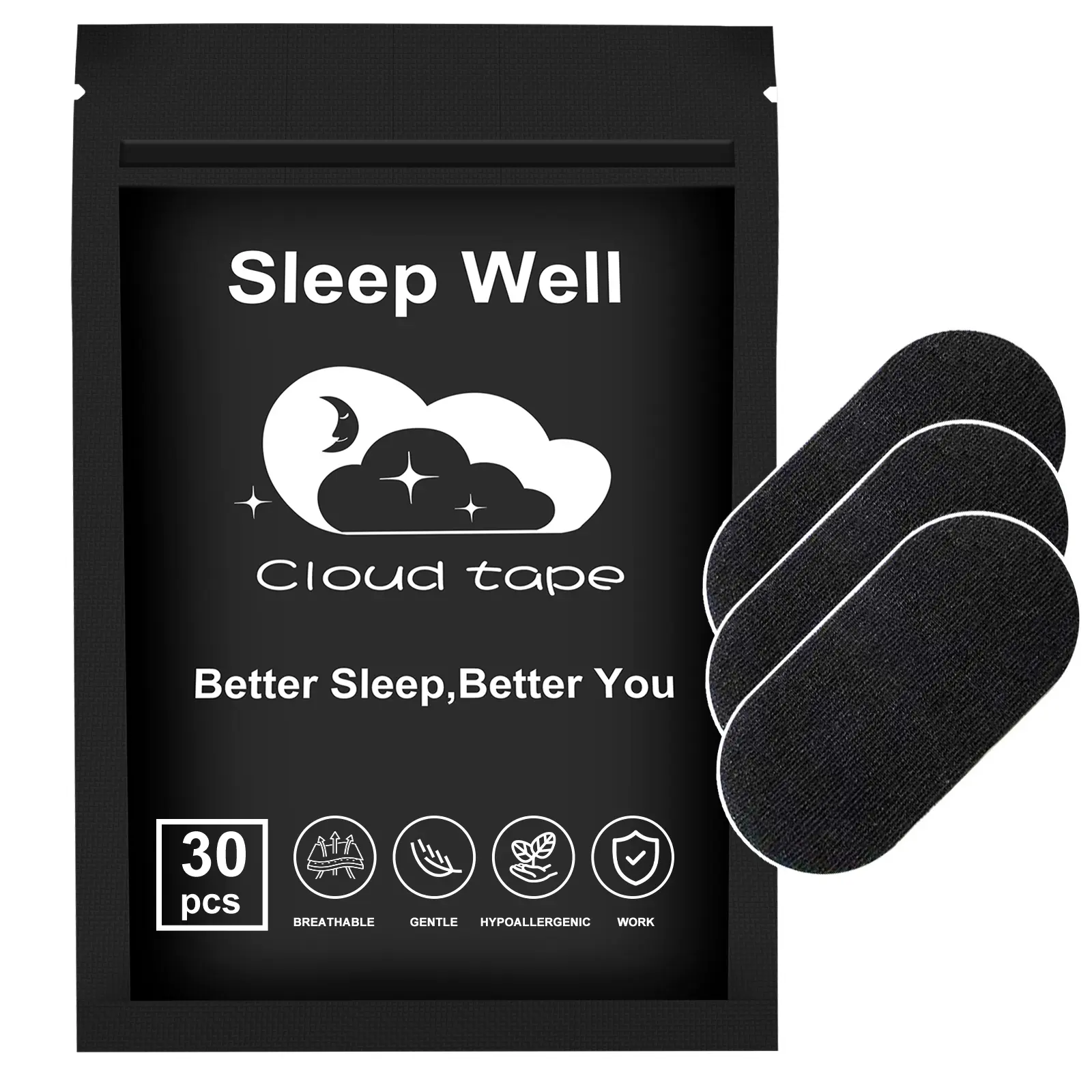 Cloud tape Mouth Tape Pack of 30/60/120 for 1/2/4 Month, Hypoallergenic Adhesive, Mild Tape, Sports Accessories, Black super breathable promotes restful Sleep, Anti Snoring Mouthpiece ,Anti Snoring Set,sleep tape,mouth tape for sleeping,black