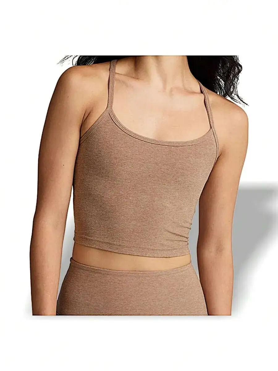 Women's Tan Crop Top with Thin Straps and Round Neckline, Casual Style for Everyday Wear