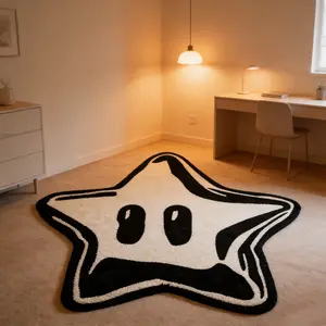 Cartoon star expression alien carpet black and white contrasting velvet floor mat, Cartoon pattern rug, bedroom bedside anti slip and wear-resistant foot mat, retro space decoration mat suitable for ins/retro cartoon style home decoration, Decorative Rug