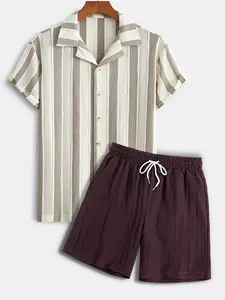 Men's Woven Jacquard Striped Short Sleeve Shirt & Matching Shorts Set, Lightweight Casual Summer, Ideal for Beach and Vacation