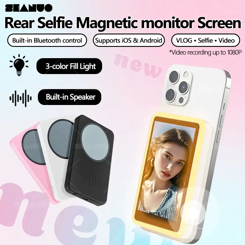Wireless Selfie Monitor with Fill Light & Button - MagSafe Smartphone/Cellphone Rear Camera Screen, Phone Mirror for Recording, TikTok Vlogging (Compatible with iPhone & Android Accessories)