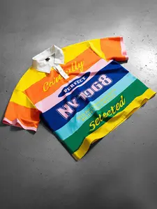 Rainbow striped polo collar short sleeved T-shirt short loose fit men's short sleeved shirt, California English letter striped graphic geometric print unisex shirt European and American street fashion casual shirt short sleeved stripe Streetwear