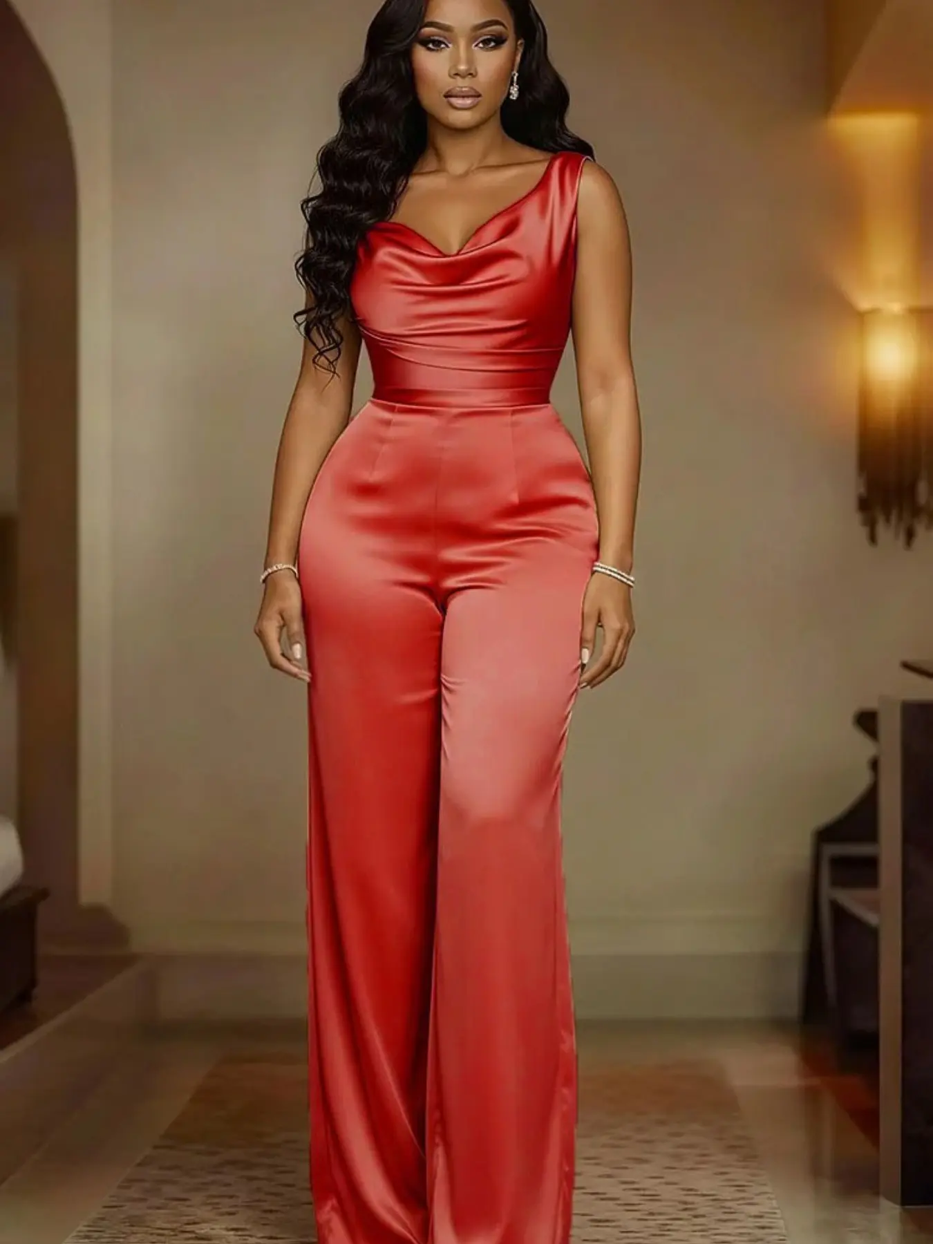 2026 New European Style Champagne Gold Satin One-Piece Pants, Sleeveless Drop Shoulder Waist Cinch Wide Leg Pants, Elegant All-Season Fashion