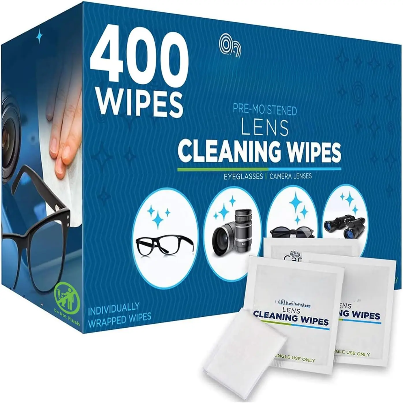 Lens Wipes for Eyeglasses - 400 Count Individually Wrapped Pre-Moistened Wipes, 5 x 6 Inch - Sunglasses, Screens, and Glasses Cleaner - Gentle and Portable for Cleaning of Devices