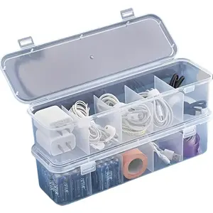 Transparent 4-Compartment Rectangle Data Cable Organizer Box with Lid, Durable Plastic, Large Capacity, Adjustable Accessory Holder - Space-Saving Desk Storage for Office and Home Use