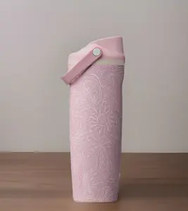 30oz Coastal Bohemian Bottle, Insulated Water Bottle - Laser Engraved Pink Coastal Summer Palm Tree