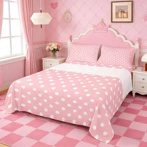Feelyou 4-Piece Playful Pink-White Geometric Polka Dot Bed Set, Breathable Fabric, Deep-Pocket Fitted Sheet, Flat Sheet, Pillowcases, Multi-Size for Kids' Room Decor