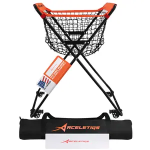 ACELETIQS Baseball Softball Portable Batting Practice Ball Caddy, Use During Training and Drills, Save Your Back No More Bending, Holds up to 60 Baseballs, Instant Setup (4 Leg with Wheels)