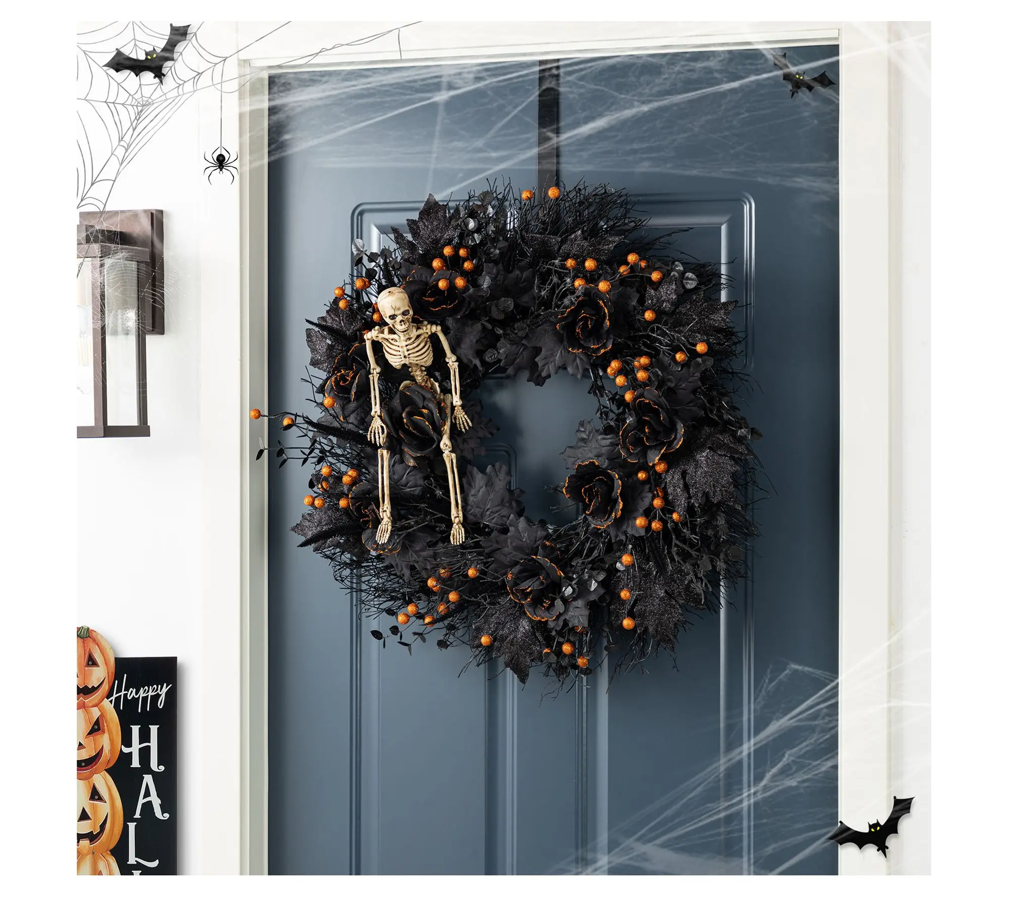 Glitzhome 24"D Halloween Black Rose Skeleton and Berry Wreath