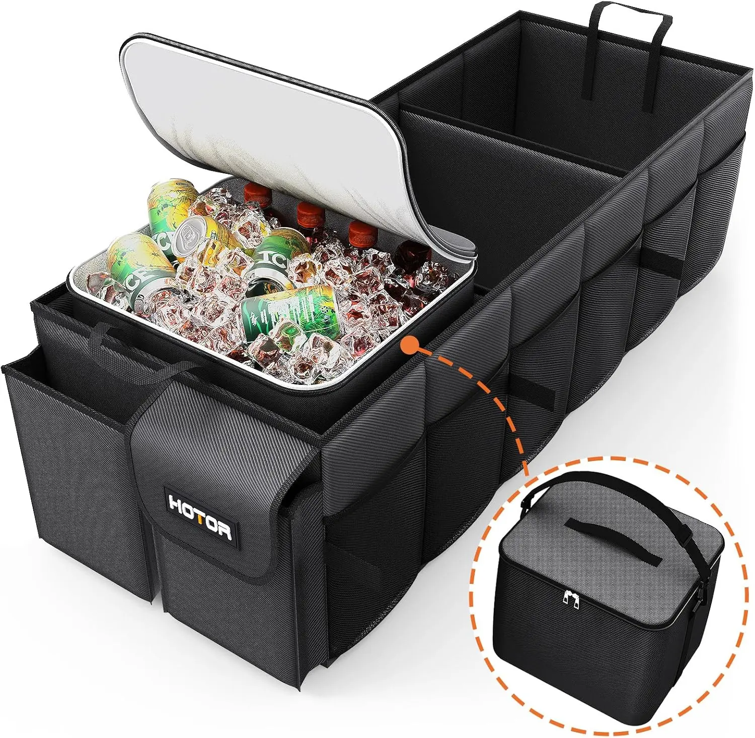 Trunk Organizer, Sturdy Foldable with Cooler for Car & SUV, 3 Compartments, Black, 30.90”×12.60”×10.63”