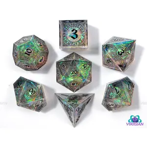 Runic Radiance (Cyan) | Sharp-Edged, Blue-Green Holographic Film, Translucent, Glittery | Resin Dice Set (7)