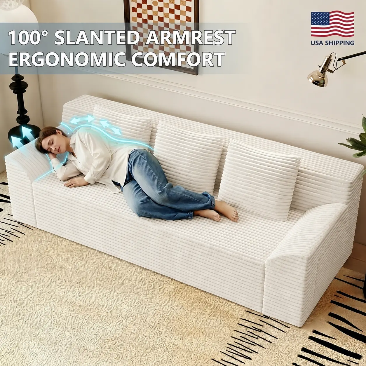 boneless couches 71" Boneless Corduroy Couch in a Box, 3-Seater Full Foam Cloud Sofa with 3 Throw Pillows, Slanted Armrests, Removable Washable Cover, No Assembly Required for Living Room and Apartment