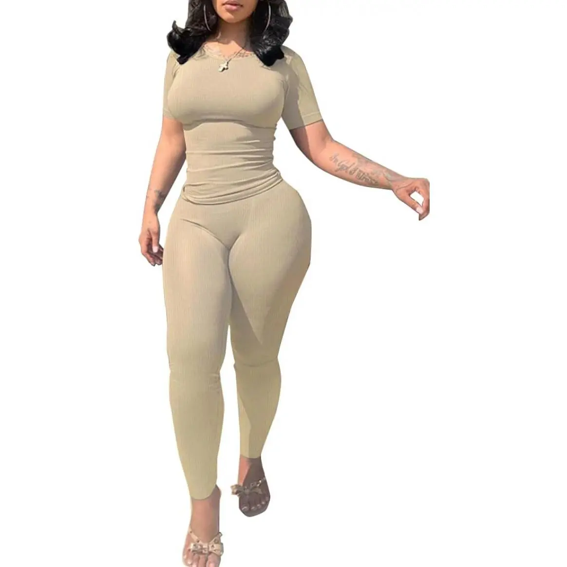 Women's 2-Piece Cotton Yoga Clothes Set, Fitted Short Sleeve Crew Neck T-Shirt and High Waisted Leggings for Workout Daily Wear, All Season Activewear, Casual Sportswear, Athletic Casual, T-Shirts