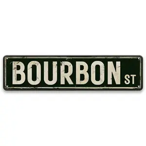 Vintage "BOURBON ST" Metal Tin Sign - Rustic Vintage Garage Signs, Weatherproof Wall Mount Wall Decor, 4x16 In Indoor/Outdoor Plaque for Man Cave, Home Bar