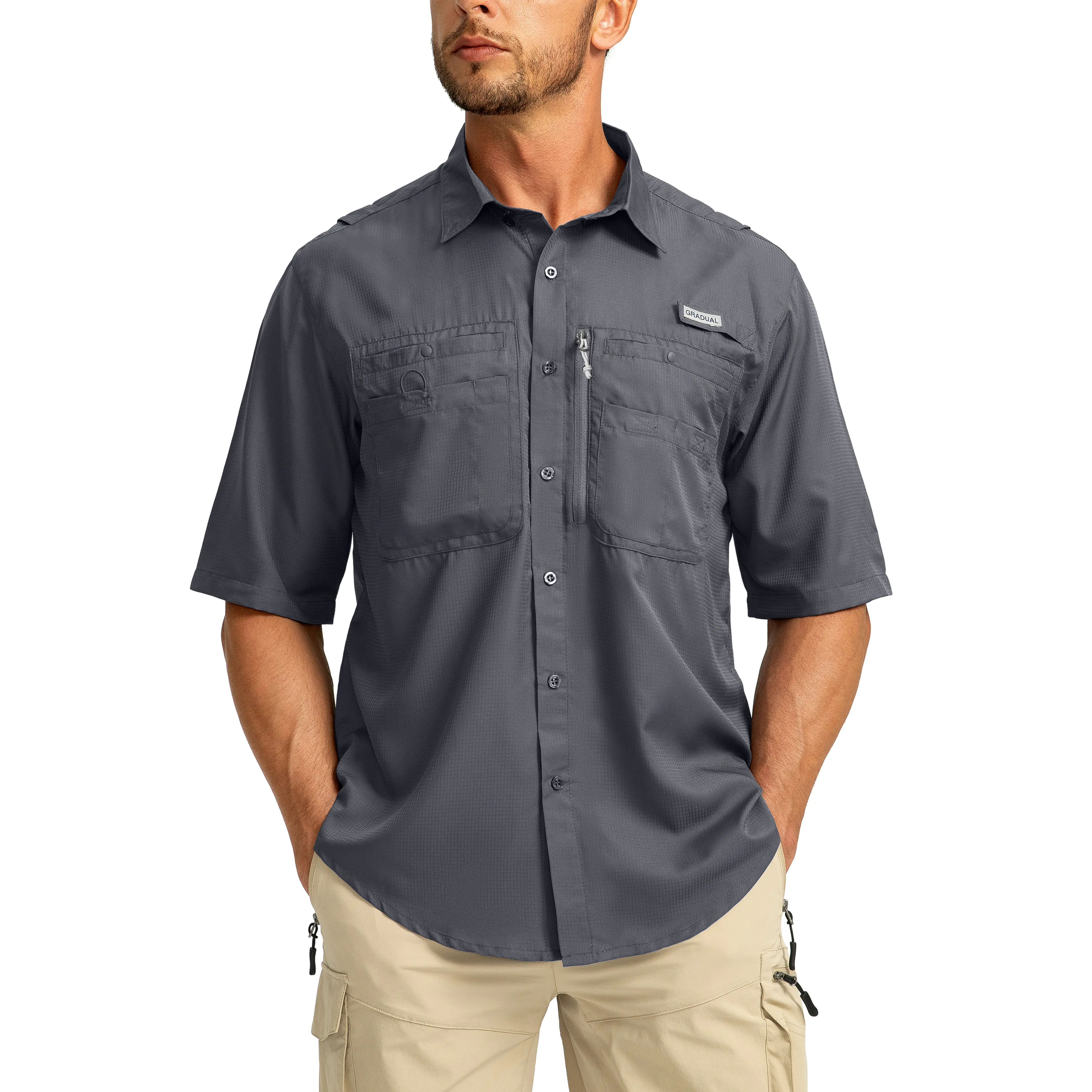 G Gradual Men's Casual Outdoor Button-Down Fishing Top - UPF 50+ Lightweight Cool Short-Sleeve, Zipper Pockets, Machine Wash for Hiking/Light Outdoor Sports