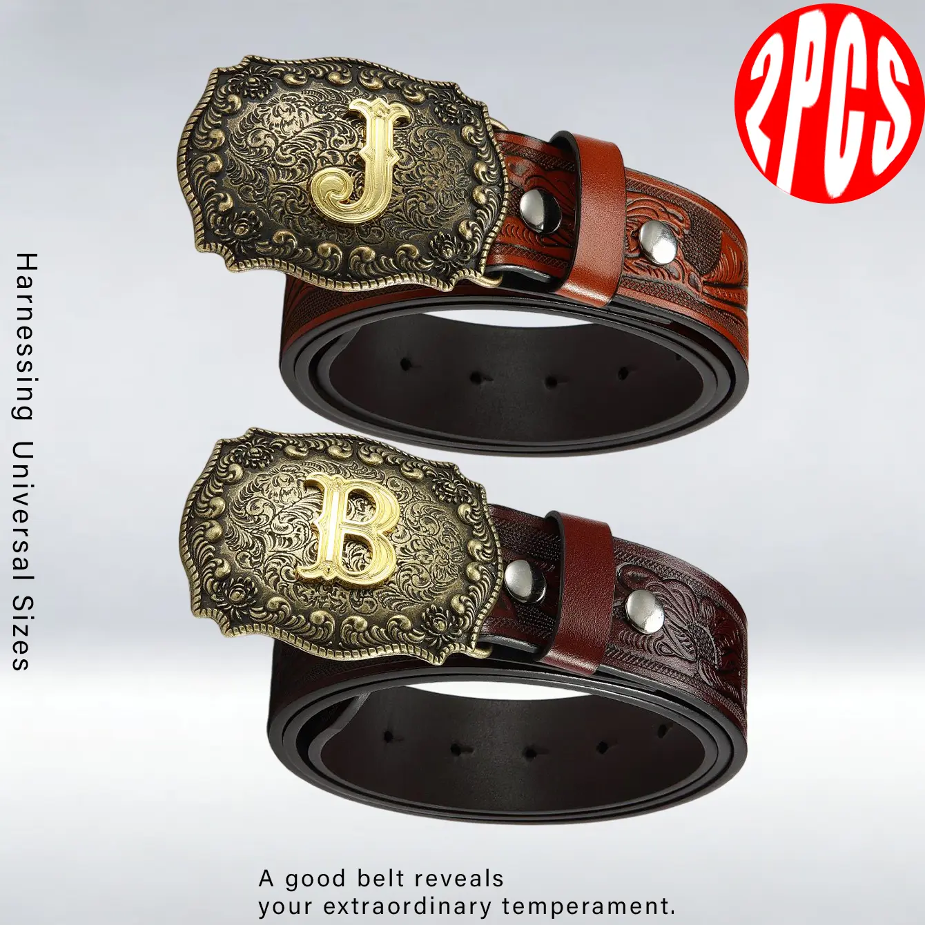 Men’s Western genuine leather belt with antique bronze initial buckle, vintage floral embossed strap, 2-piece set, sturdy adjustable cowboy belt for work and weekends, an ideal gift for him.