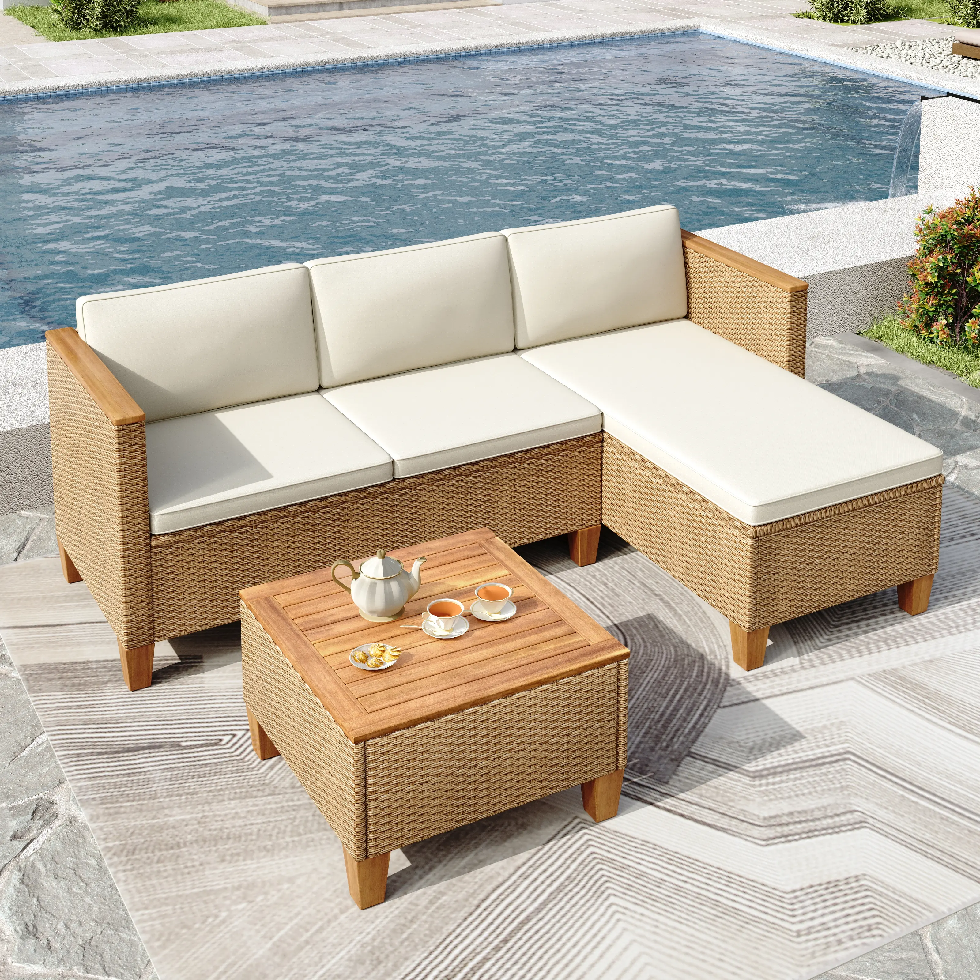 PHIVILLA Wicker Outdoor Patio Furniture Set Patio Chaise Longue Conversation Set, Rattan Sofa Couch with Acacia Wood Coffee Table for Deck Porch and Garden,DealsForYouDays