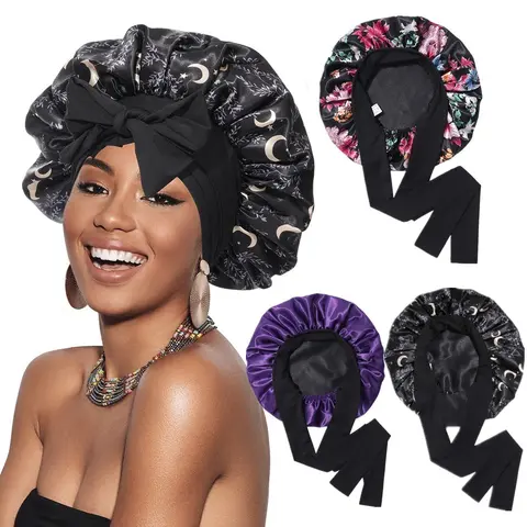 Unisex Adults' 2-Layer 2-Side Satin Reversible Bonnet, Silk-Like Polyester Haircare Accessory with Elastic Tie Band, Anti-Frizz Moisturizing Casual Sleep Cap for Curly Hair, Bonnets for Sleeping,sohochic
