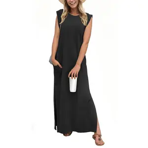 2025 Women’s Summer Round Neck Casual Loose Split Non-Wrinkle Long Vacation Dress with Pocket (XS–2XL) GARMENTARY