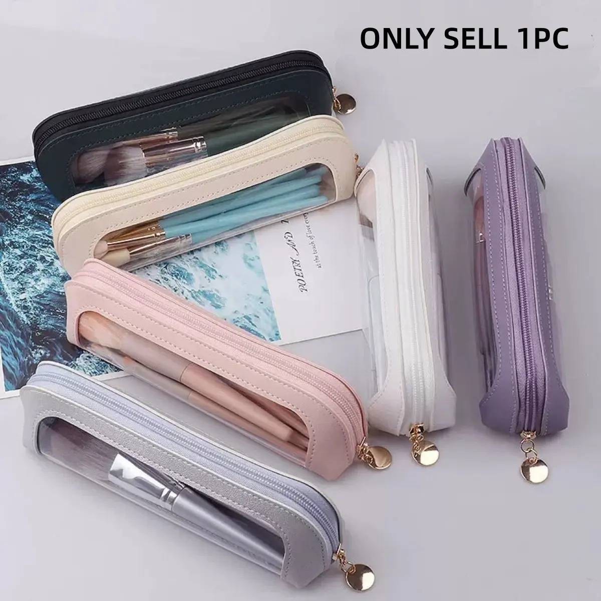 portable travel makeup bag, Cosmetic Bags, makeup brush and travel makeup brush organizer bag, with transparent window, faux leather style, compact zipper storage bag, outdoor travel and home storage items, Cosmetic Pouch