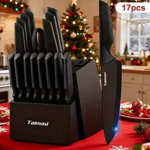 High Quality 17pcs Knife Set with Knife Holder, Extremely Sharp, Made Of German Stainless Steel Material Craftsmanship, Lightweight And Sturdy, Can Be Washed In The Dishwasher, Built-in Sharpener, Black, Christmas, Halloween Gifts