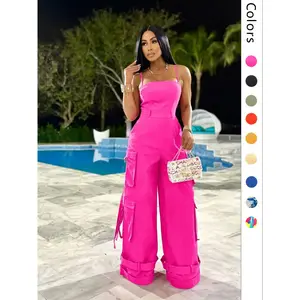 Women's solid/fully printed multi pocket wide leg work pants, casual tape decorated backless vest, streetwearRAIMENTRY