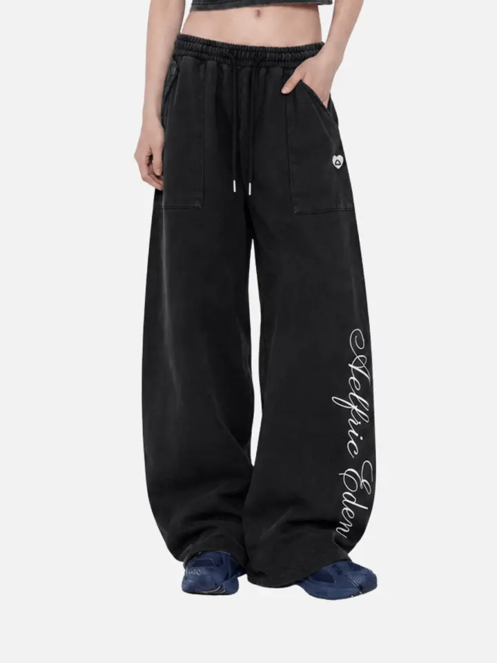 Aelfric Eden Baggy Barrel Sweatpants High Waist Balloon Barrel Silhouette Cursive Script Graphic Print Adjustable Waist & Ankle Drawstrings Soft Washed Fabric Retro Streetwear Unisex Bottoms