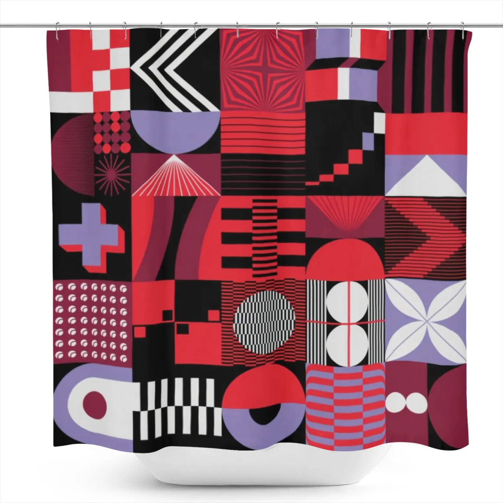 1Pc Red Purple Geometric Patchwork pattern shower curtain, waterproof polyester fabric, with 12 hooks, 71 inches wide X 71 inches high, modern art design style, bathroom decoration, suitable for all seasons