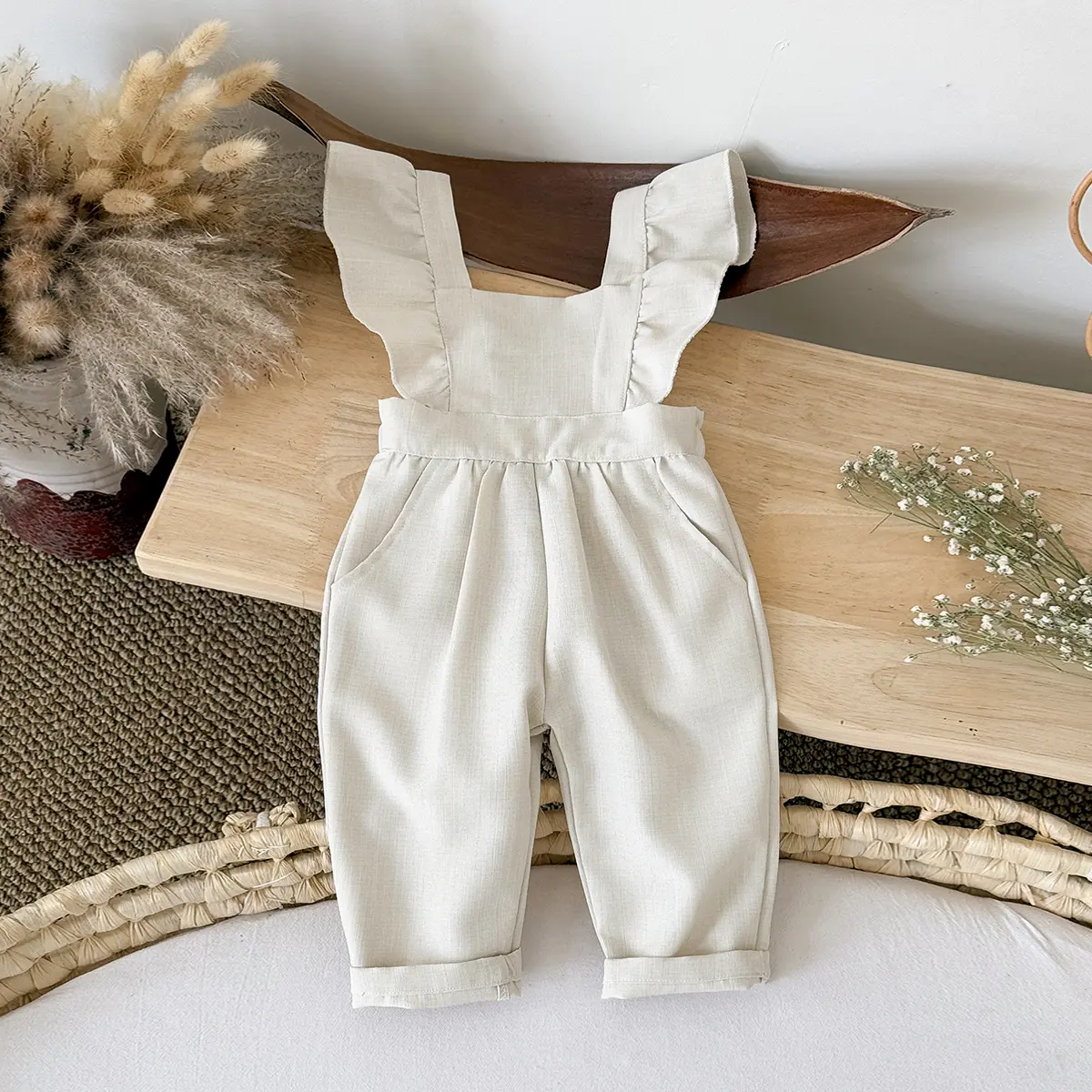Unisex Toddler Jumpsuit - 0-3 Years Cute Toddler Design Summer Apricot Ruffle-Edge Suspender Pants, Breathable Lightweight Baby Bottoms Outfit, Toddler Overalls