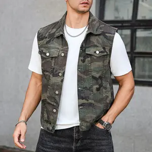 American retro camouflage denim vest — sleeveless workwear vest with a turn-down collar; loose fit, versatile streetwear piece with multiple pockets for layering outdoors and casual wear; also an ideal gift choice for street styling.