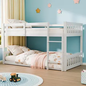 JOYMOR Solid Wood Low Twin Over Twin Bunk Bed for Kids/Junior, Bunk Bed Frame with Guardrails & Ladder for Boys Girls, No Box Spring Needed