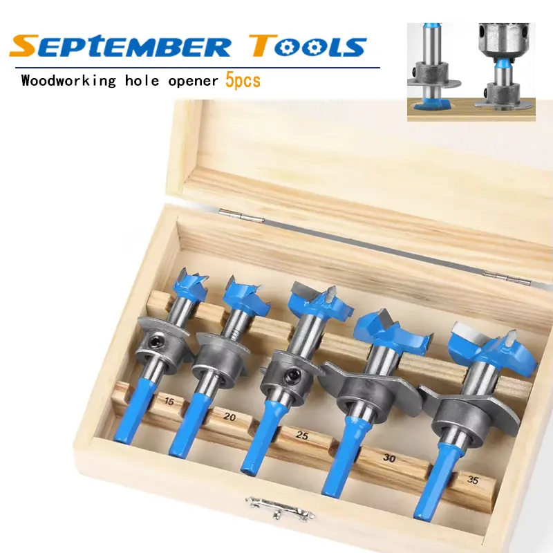 5pc Multi-Size Adjustable Carbide-Tipped Hinge Hole Opener Set - Chip Removal, Removable Back, 15-35mm Hole Boring Tool for Woodworking, Handheld Drill & Joinery Applications, 5Pc Hole Boring Tool