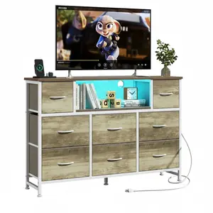 8-Drawer Fabric Storage Cabinet with Built-in Electrical Outlet and LED TV Stand, Multi-Functional Media Console with USB and Type-C Charging Ports, Metal Frame with Drawer Dividers, Perfect for Living Room Bedroom Home Office and Media Storage