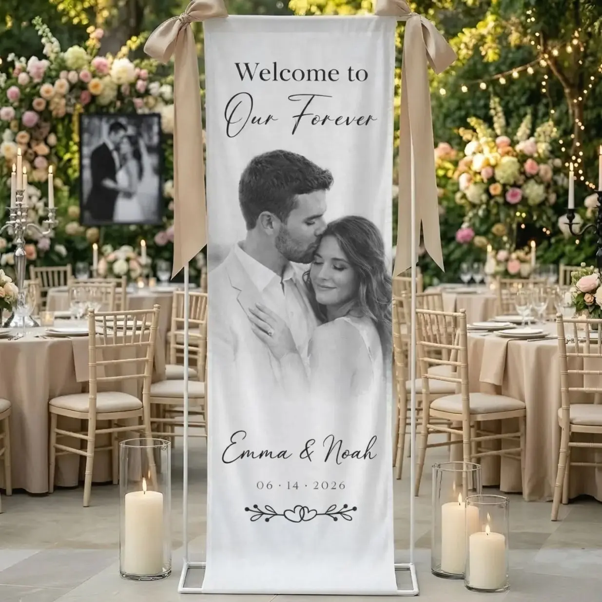 Personalized Microfiber Wedding Welcome Sign, Custom Photo Banner, Couple Portrait Decor