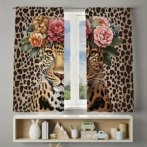 2pcs Leopard Print Flower Curtains, Insulated Blackout, Soft, Bedroom Living Room Decor, Birthday Gift, Apartment Balcony Curtain
