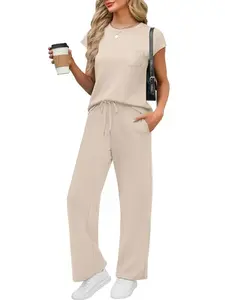 Women's Short Sleeve Top with Casual Wide Leg Pants, Summer Home Wear 2026, Ladies' Comfortable Elastic Set, Stylish & Practical