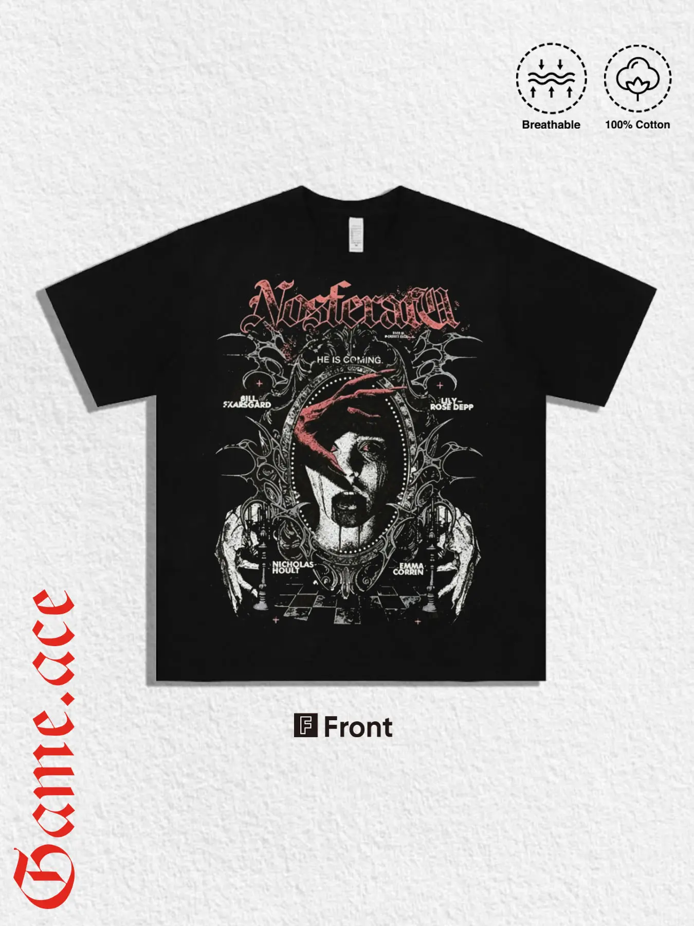 1 piece loose pure cotton graphic T-shirt featuring vampire portrait, engraved oval mirror, thorns, candle holder, and blood-themed prints; dark gothic style; unisex, suitable for all seasons; ideal for party outfits, heavy metal music, beach vacations, o