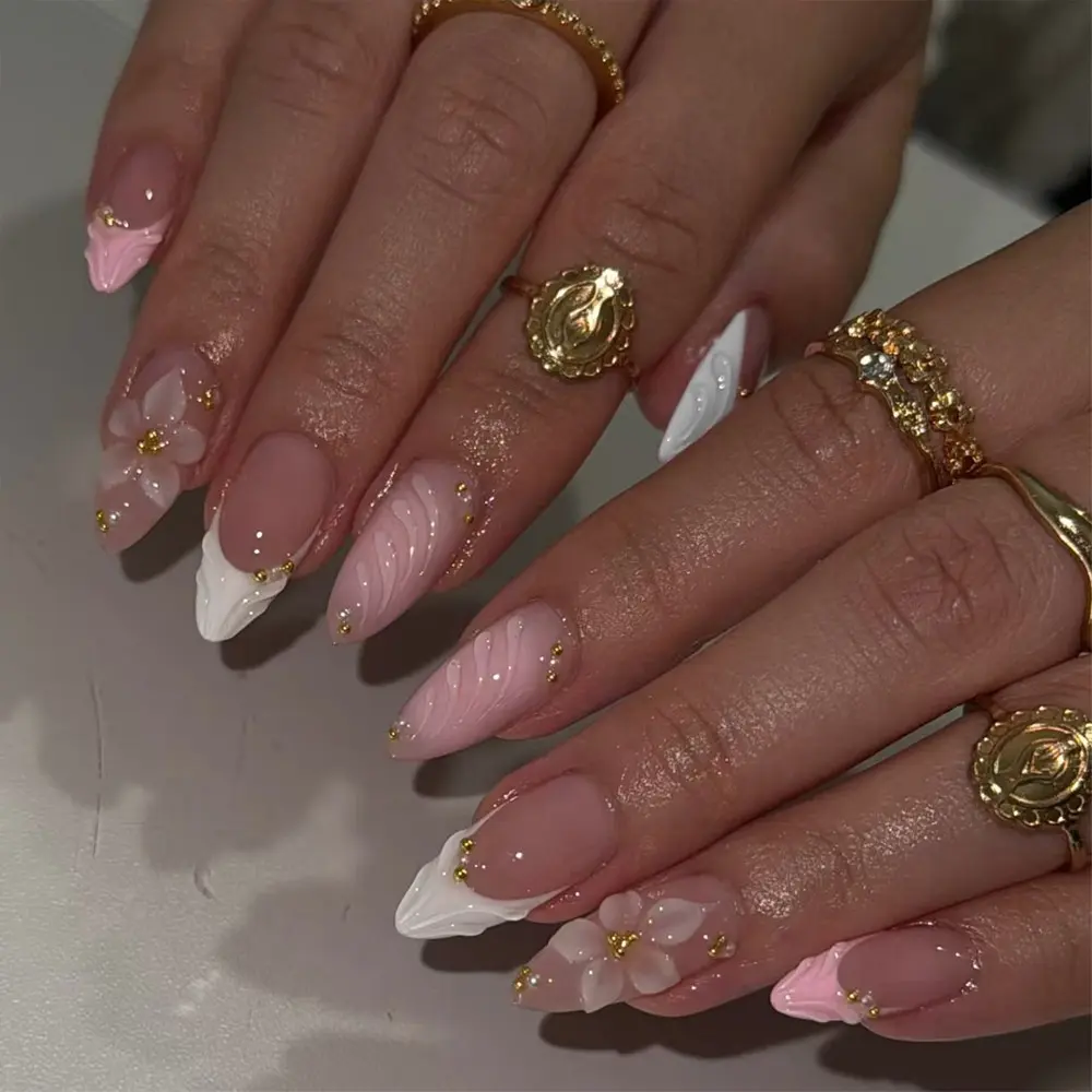 Elevate Your Style, 24pcs Medium Long Almond French Press-On Nails, Perfect Acrylic False Nail Set, Easy Wear Gel Petal Design, Almond Fake Nails, Flower Nails, Decorative Nails
