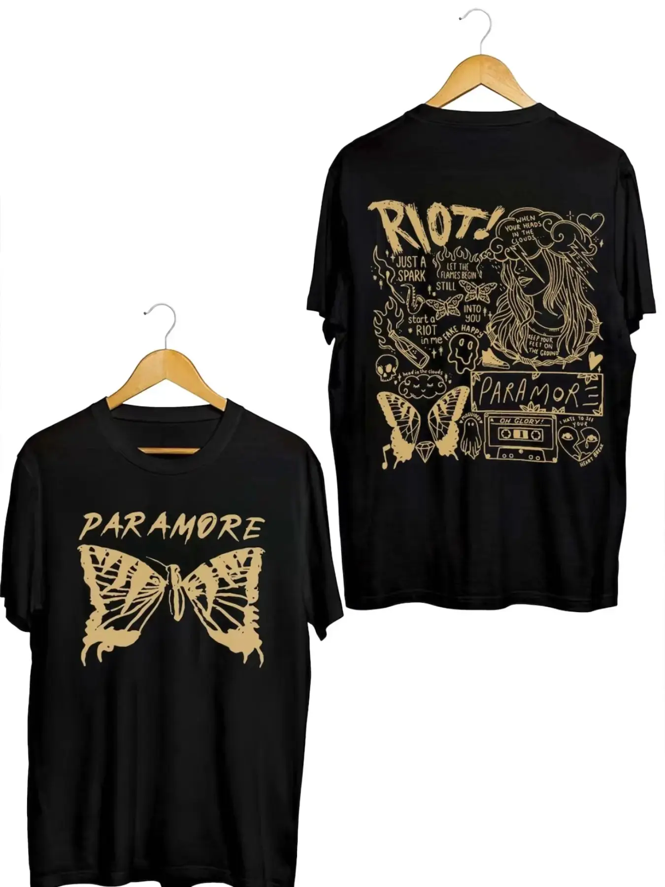 Paramore Riot! Album Commemorative T-shirt Butterfly Graffiti Double sided Printed Geometric Short Sleeve, Rock Youth, Streetwear, Casual Riot! Retro Vintage graffiti style tee